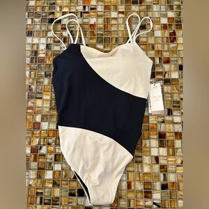 NWT Calia Women's Strappy Back One Piece Swim Suit~Black & Ivory Colorblock~12